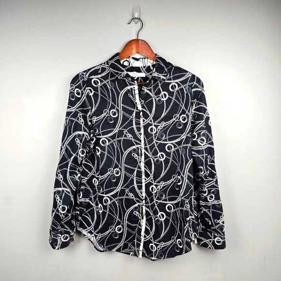 FOXCROFT Non-Iron Button-up Dress Shirt Chain Print Black White Womens Size 6 - Picture 2 of 10